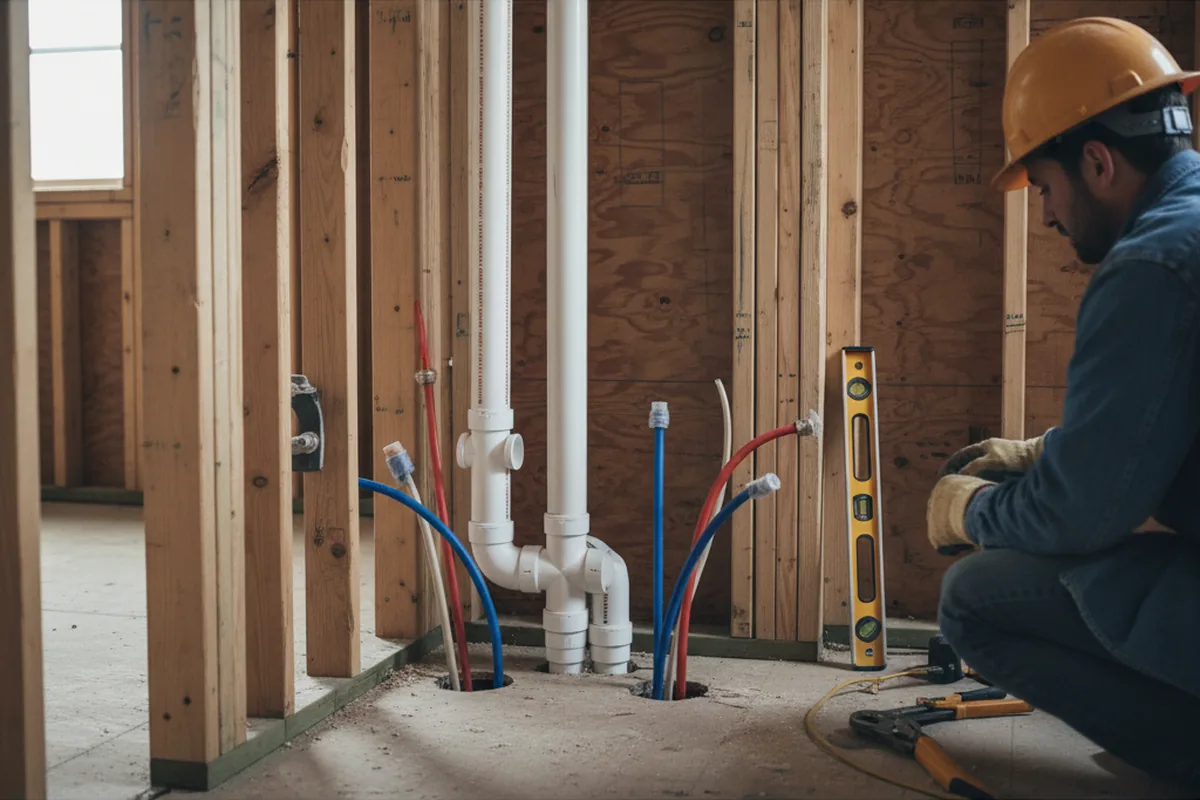 Drain and supply rough-in during Sump Pump Repair in Melrose Park