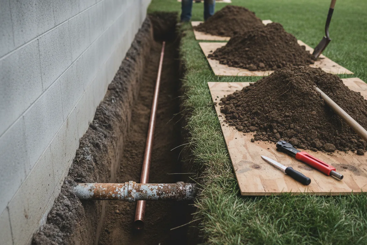 Excavated water line trench during Sewer Line Repair in Melrose Park